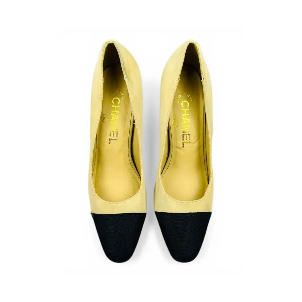 Chanel Cap Toe Beige Suede Block Heel Pumps EU 36 Two Tone